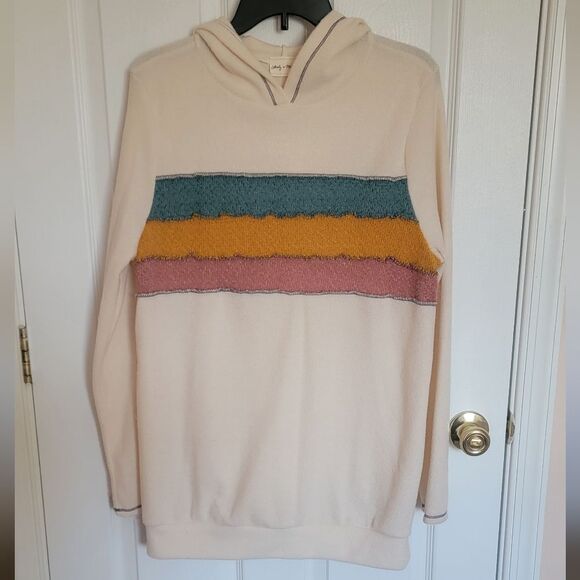 Lovely Melody Cream Sweater Hoodie with Multicolor Stripes size Large - Picture 1 of 4